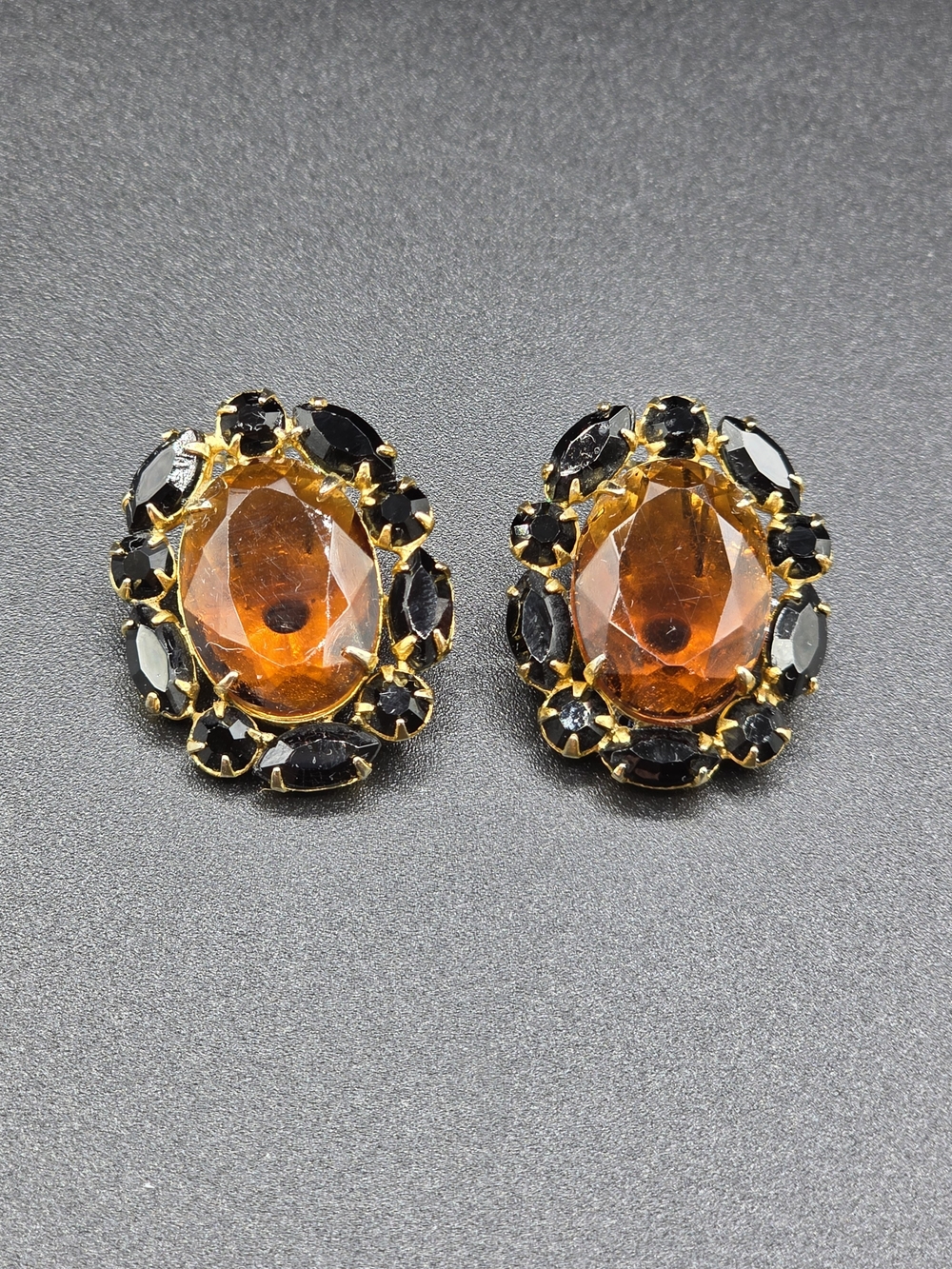 1950's Hattie Carnegie Gold-Tone Amber and Black Crystal Oval Clip-On Earrings